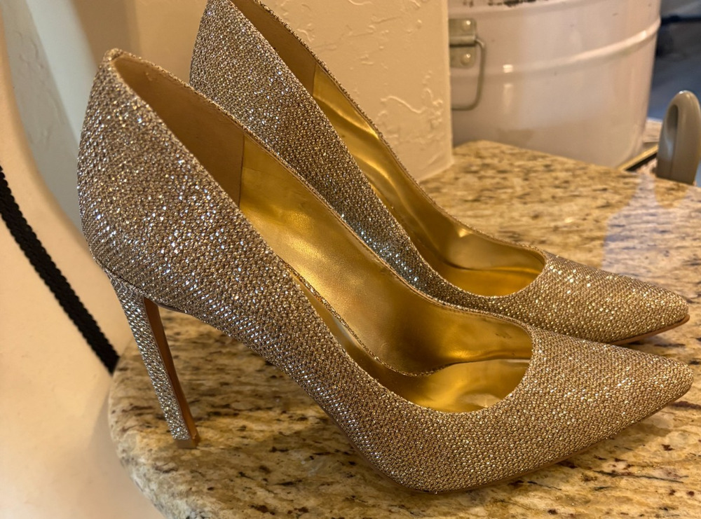 Nine West Glitter Pumps Gold Stiletto Heels Size 7M Bling